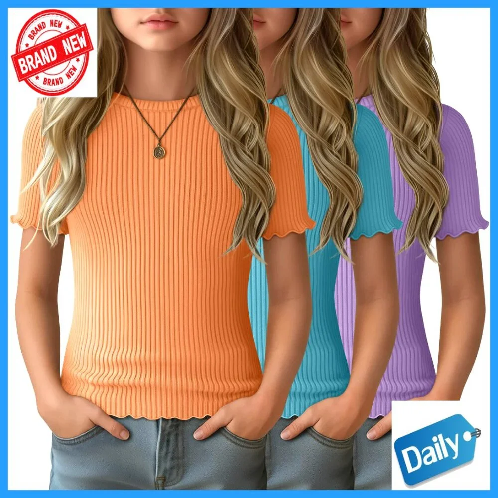 Girls' 3 Pack Ribbed Short Sleeve Tees Crew Neck Lettuce Trim Tops